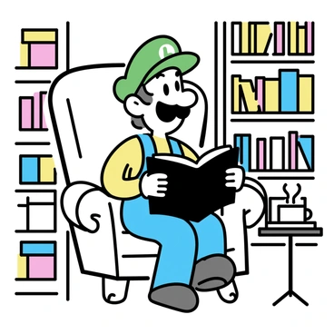 A character resembling Luigi, wearing a green hat and blue overalls, is sitting in a plush armchair in a cozy library. He is holding a large, open book in his lap, deeply focused on the pages. The room is illuminated by warm light from a nearby lamp, casting a gentle glow. Surrounding him are tall bookshelves filled with books of various colors and sizes. A small wooden table beside him holds a steaming cup of coffee.