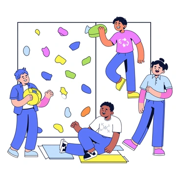 A group of four friends is engaged in a bouldering session inside a gym. One friend is climbing on a colorful climbing wall, gripping onto a bright green hold. Another friend stands below, looking up and laughing, while holding a crash pad. The third friend is sitting on the floor with a smile, watching the climber, and the last friend is preparing to climb, stretching their arms. The gym features various climbing holds in vibrant colors, and there are mats on the ground for safety. The atmosphere is filled with fun and camaraderie.