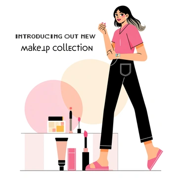 A sleek advertisement showcasing a striking model with long, flowing hair and flawless skin. The model is wearing vibrant lipstick and shimmering eyeshadow that accentuates her features. She is posed confidently in a stylish, minimalist setting, with various makeup products displayed elegantly around her. The background is a subtle gradient, enhancing the focus on the model and the makeup line. Text on the advertisement reads "Introducing Our New Makeup Collection".