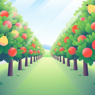 Rows of fruit-laden trees stand in an orchard, creating a lush green landscape. The trees are adorned with clusters of vibrant red apples and golden-yellow pears. Sunlight filters through the leaves, casting dappled shadows on the ground. In the distance, a clear blue sky stretches above, creating a bright backdrop for the scene. The grass is a rich shade of green, and a few wildflowers peek through the foliage, adding splashes of color to the earth beneath the trees.