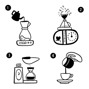 An illustration titled "Step-by-Step Brewing Tips for V60 Coffee Dripper" featuring a neatly arranged layout. The first step shows a kettle pouring hot water over a v60 dripper filled with coffee grounds placed on top of a glass carafe. The second step depicts the dripper sitting on a scale, with the weight displayed as coffee is dripping into the carafe. The third step illustrates a hand holding the dripper, while a timer is visible in the background. The fourth step is a close-up of the brewed coffee being poured into a cup. Each step is clearly labeled with numbers.