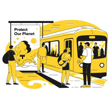 A public subway station filled with commuters waiting for their trains. A large advertisement poster is prominently displayed on the wall, featuring the message "Protect Our Planet". The poster includes images of a tree, a flowing river, and diverse wildlife, all illustrated in black and yellow. Several people, including a woman carrying a reusable bag and a man holding a water bottle, are looking at the poster. In the background, a train can be seen arriving at the platform. The atmosphere is busy but focused on the important message displayed.