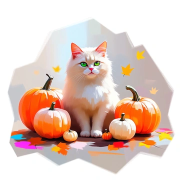 A fluffy Persian cat with long, luxurious fur in shades of cream and gold is sitting among several pumpkins of different sizes and shapes. The scene is vibrant with a variety of large orange pumpkins, small decorative gourds, and a scattering of colorful autumn leaves in shades of red, orange, and yellow. The cat's bright green eyes are focused and alert, creating a charming contrast with the warm tones of the pumpkins and foliage. The atmosphere suggests a festive harvest celebration, with the ground covered in leaves, enhancing the seasonal feel of the image.