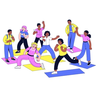 A fitness class featuring a diverse group of individuals engaged in various exercises. Each participant shows enthusiasm, following the movements with precision. Instructors are present, demonstrating techniques and motivating the class. The scene includes bright colored mats on the floor, and some participants are using hand weights. Energy is palpable as they move in sync to the rhythm of lively music. The background is minimal, focusing on the dynamic interaction among the participants and instructors.
