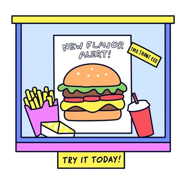 A window display at KFC featuring a large poster showcasing a new menu item. The poster has vibrant graphics depicting a delicious burger with a golden-brown chicken patty, fresh lettuce, and ripe tomatoes. Surrounding the burger are colorful illustrations of fries and a refreshing drink. The display is framed with bright red and yellow colors, highlighting the KFC brand. There are also playful, eye-catching text elements that read “New Flavor Alert!” and “Try It Today!” in bold, fun fonts. The overall composition is designed to attract attention and entice viewers to try the new item.