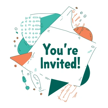 A white invitation card featuring bold geometric patterns in a duotone design. The patterns include triangles, circles, and lines, all vividly arranged across the card. The primary color is teal, creating a striking contrast against the secondary color, which is orange. The text on the invitation is centered, with the words "You're Invited!" prominently displayed in a large, modern font. Surrounding the text, the intricate geometric patterns add a sense of energy and excitement to the design.