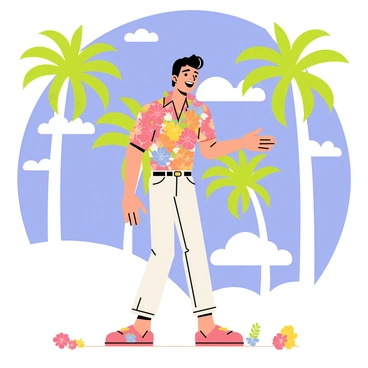 A cartoon-style illustration of "Elvis Presley" singing energetically on a stage under a bright blue sky filled with fluffy white clouds. Behind him, several tall "palm trees" sway gently in the breeze, their green fronds contrasting against the blue. The ground is adorned with colorful "leis" scattered around, adding a vibrant touch. Elvis is wearing a colorful Hawaiian shirt, and his signature hairstyle is styled perfectly as he engages with the audience.