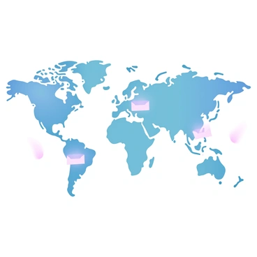A world map is displayed prominently, showcasing all continents in intricate detail. Small icons of "shopping carts" are scattered across various regions, representing different countries. Additionally, there are "package boxes" placed throughout the map, each positioned thoughtfully to signify areas of commerce and trade. The continents are filled with gradient pastel colors, enhancing the overall visual appeal of the map.