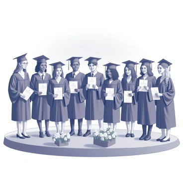 A diverse group of students stands together on a stage during a graduation ceremony. Each student is wearing a graduation gown and cap, and they hold their scholarship award certificates proudly. The students represent various ethnic backgrounds, showcasing individuality through different hair styles and features. The stage is decorated with flowers and banners, enhancing the celebratory atmosphere. In the background, an audience of family and friends can be seen, clapping and cheering in support of the graduates. The scene communicates a sense of achievement and community among the students.