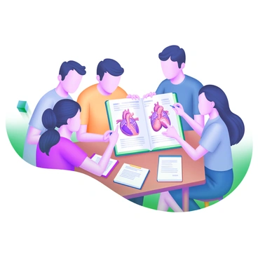 A group of four students gathered around a wooden table, intently studying a medical textbook that is open in front of them. The textbook features detailed diagrams of the human anatomy, showcasing the heart, lungs, and muscles. Each student, two males and two females, is actively engaged, pointing at different sections of the diagrams. They have notebooks and pens scattered across the table, with one student taking notes while another highlights text in the book. The background is softly blurred to keep the focus on the students and the textbook.