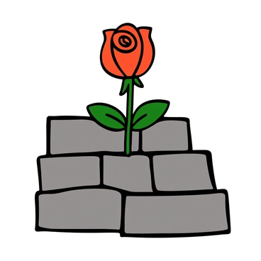A single red rose with velvety petals is growing through cracks in a rugged stone wall. The stone surface is gray and weathered, showcasing its rough texture and uneven edges. The green leaves of the rose are vibrant and lush, contrasting beautifully with the starkness of the wall. Sunlight casts subtle shadows, highlighting the resilience of the rose as it stands tall against the harsh backdrop, symbolizing defiance and strength.