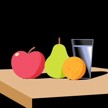 A still life composition featuring a variety of objects on a wooden table. The arrangement includes a shiny red apple, a green pear, and a textured orange. A glass of water sits beside the fruits, reflecting light. Soft, dramatic lighting casts distinct shadows across the table, highlighting the curves and surfaces of the fruits and glass. The background is dark to enhance the contrast of the illuminated objects in the foreground.