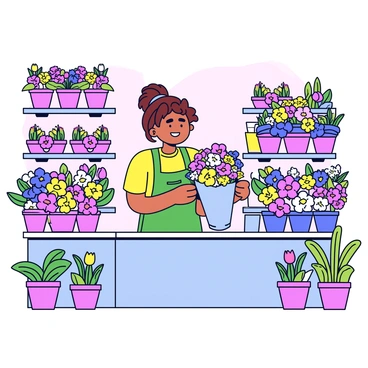 A colorful flower shop filled with vibrant bouquets of various flowers, including roses, tulips, and daisies. The shop has shelves adorned with flowers in multiple colors, creating a lively atmosphere. In the center, a smiling florist is arranging a bouquet, wearing a green apron. The florist has brown hair tied back, and there are pots of blooming plants placed on the floor around the shop. The walls of the shop are painted in a soft pastel color, enhancing the cheerful ambiance.