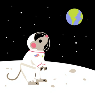 A small grey mouse wearing a shiny white astronaut suit with a clear helmet stands on the surface of the moon. The mouse gazes up at the blue and green planet Earth visible in the dark sky above. The moon's surface around the mouse is dusty and pockmarked, with small craters scattered throughout. Stars twinkle faintly in the backdrop, creating a contrast against the black space. The mouse’s suit has a small American flag patch on the shoulder, adding a touch of detail to the scene.