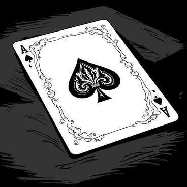 A white ace of spades playing card lies flat on a dark surface. The card showcases intricate vintage patterns embossed along its borders, creating a decorative frame. In the center, there is a large ornate spade symbol, detailed with swirling designs and flourishes. The spade is prominently displayed, contrasting with the delicate patterns surrounding it. The background has a subtle texture that enhances the card's vintage aesthetic.