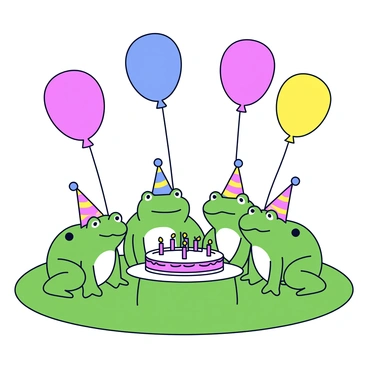 A group of five bullfrogs gathered together on a patch of green grass. Each bullfrog has a vibrant green skin, with slight variations in shade. They are wearing small colorful party hats. Around them, there are several bright, helium-filled balloons of various colors, floating gently in the air. A round cake is placed on a small, white table, decorated with colorful frosting and topped with tiny candles. The atmosphere is lively, and the bullfrogs appear to be joyfully interacting with one another.