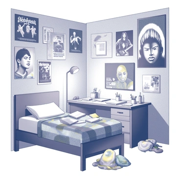 A teenager's bedroom with walls covered in various posters featuring music bands and movie characters. The room has a cluttered desk with scattered schoolbooks, pens, and notebooks. There's a desk lamp providing focused light, and a few items like a video game controller and empty snack wrappers are visibly placed around. A bed with unmade sheets and a colorful blanket is positioned to one side of the room. The floor is slightly disorganized with shoes and clothes scattered about.