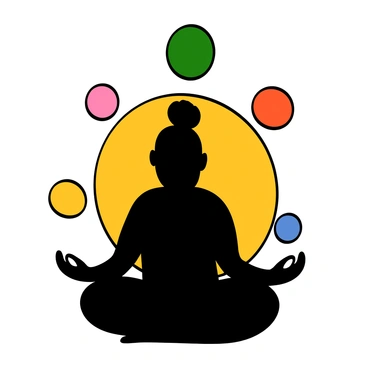 A silhouette of a person sitting cross-legged in a meditative pose. The person is outlined against a vibrant background, with glowing orbs of various sizes floating around them. Each orb has a different color, symbolizing different inner thoughts and feelings. The orbs are softly illuminated, creating a serene atmosphere. The person's head is slightly tilted down, and their hands rest gently on their knees.
