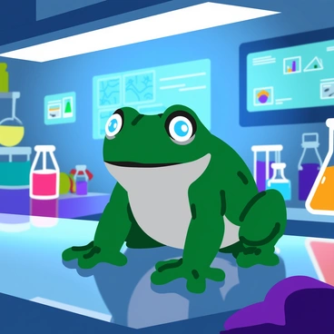 A sleek, shiny robot bullfrog sitting on a lab bench. The bullfrog has a smooth metallic surface with reflective green and silver accents. Its eyes are glowing blue LED lights, giving it a friendly appearance. The lab is filled with high-tech equipment, including screens displaying data and various scientific instruments. A light source above casts bright reflections on the robot's surface, enhancing its futuristic look. The background features a transparent container with colorful liquids and a digital display panel showing robotic schematics.