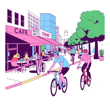 A group of cyclists are riding through a busy city bike lane. The lane is bordered by vibrant cafe storefronts, each with outdoor seating filled with people enjoying their drinks. The cyclists, clad in colorful helmets and apparel, navigate past the tables, while a few patrons glance up, intrigued. The street is alive with the hustle and bustle of city life, and buildings in the background add to the urban atmosphere. Trees line the sides of the bike lane, providing a touch of green.