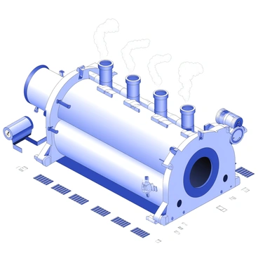 A large industrial heat exchanger is positioned prominently in the center of the image. The structure is complex, featuring multiple pipes and vents running along its surface. Steam is rising from several vents at the top, creating a mist that disperses into the air above. There are various gauges and valves attached to the sides of the heat exchanger, indicating its operational status. The surrounding area includes a concrete floor with grates and industrial equipment partially visible in the background.