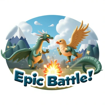 A dynamic battle scene featuring two mythical creatures engaged in combat. One creature is a large dragon with shimmering emerald scales, sharp claws, and fiery orange eyes, roaring fiercely as it prepares to unleash flames. The second creature is a griffin, with golden feathers, powerful wings spread wide, and piercing blue eyes, poised to dive towards its opponent. The background showcases a vibrant mobile game landscape with towering mountains, lush forests, and a dramatic sky filled with swirling clouds. Energy sparks and glowing effects surround the creatures as they clash, emphasizing the intensity of the battle. "Epic Battle!" is displayed prominently in the foreground.