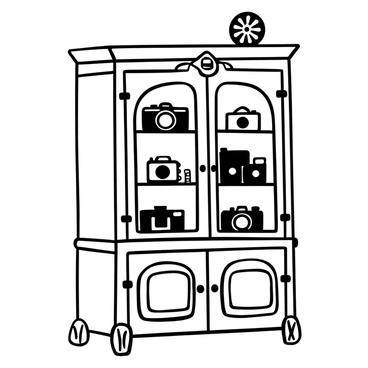 An elegant display cabinet with intricate wooden details stands against a wall. The cabinet's glass doors showcase a variety of vintage cameras, each uniquely styled. Some cameras have leather coverings, while others feature sleek metallic designs. The shelves of the cabinet are arranged with a mixture of cameras of different shapes and sizes, creating an interesting visual contrast. A decorative element, such as a small vintage film reel, is placed beside the cameras on one of the shelves. The overall scene conveys a sense of nostalgia and appreciation for photographic history.