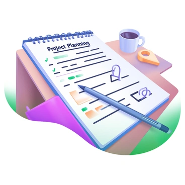 A close-up of a note pad filled with "handwritten notes" from a project planning meeting. The notes are written in black ink and include bullet points, sketches, and highlighted sections. The note pad is positioned on a wooden desk with a sleek pen lying beside it. A small coffee cup is partially visible in the background, adding to the workspace atmosphere. Soft lighting highlights the texture of the paper and the ink, giving the scene a warm, inviting feel.