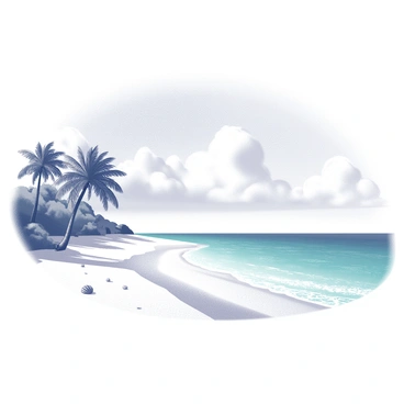 A tropical island with a wide expanse of white sandy beach. The shoreline is lined with lush, green palm trees swaying gently in the breeze. In the distance, clear turquoise waters stretch out towards the horizon, sparkling under the sunlight. The sky above is expansive with a few fluffy white clouds scattered throughout. Near the water's edge, a few seashells can be seen nestled in the sand, completing the serene beach scene.