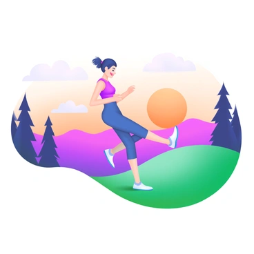 A person performing flutter kicks on a grassy hilltop. The individual is wearing comfortable athletic clothing and has a focused expression. In the background, a vibrant sunset paints the sky with shades of orange, pink, and purple. The sun is partially hidden behind distant mountains, casting a warm glow over the scene. Silhouetted trees frame the hill, and a few fluffy clouds drift lazily in the sky. The grass beneath the person's back is lush and green, contrasting with the colorful sky above.