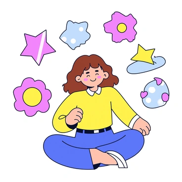 A character with wavy brown hair sitting cross-legged on the ground. They have a peaceful expression on their face, with closed eyes and a slight smile. Surrounding the character are various colorful shapes and whimsical images, including floating stars, oversized flowers, and abstract patterns. Each vision is vibrant, featuring bright colors like pink, yellow, and blue. The overall scene is filled with a dreamlike quality, highlighting the contrast between the character's relaxed demeanor and the lively distractions around them.