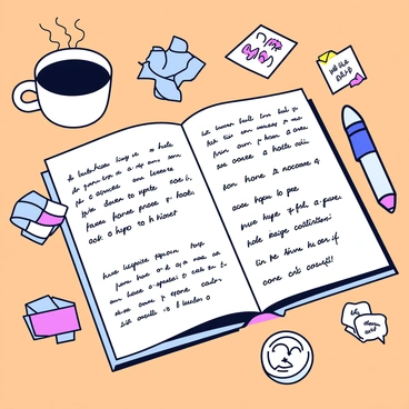 An open notebook lies on a wooden surface, showcasing neatly organized pages filled with a detailed business plan in legible handwriting. The notebook features a spiral binding and a colorful cover. Beside the notebook is a steaming cup of coffee with a white ceramic finish. Scattered around the notebook are various inspiration cutouts, including motivational quotes and small images, all carefully arranged to create an organized yet creatively stimulating workspace.