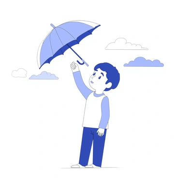 A character is standing with an umbrella opened above their head, despite the clear sky. The character has a contemplative expression, their eyes gazing upward as if pondering the connection between the umbrella and the pleasant weather. The umbrella is detailed, with a curved handle and fabric that appears slightly textured. The character is dressed in casual clothing, and their posture suggests a relaxed demeanor. In the background, there are a few distant clouds, but the majority of the sky remains clear. The scene conveys a sense of irony, as the character believes the umbrella is the reason for the good weather.