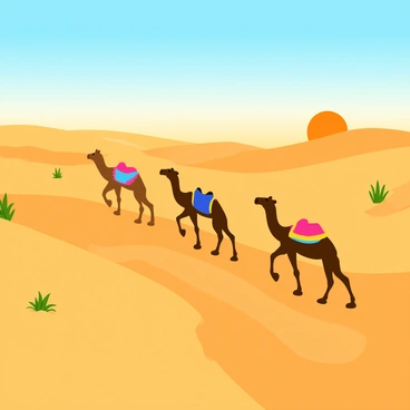 A caravan of camels is walking across a sandy desert landscape. The camels have long, curved necks and are adorned with colorful saddles and decorative blankets. The desert sand appears wavy and textured, reflecting the bright sunlight. Gentle dunes rise and fall in the background, while a few sparse desert plants dot the landscape. In the sky above, a gradient of blue fades into soft orange as the sun begins to set, casting long shadows across the sand. The whole scene conveys the vastness of the desert environment.