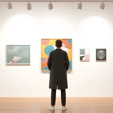 A faceless visitor admiring artwork in a modern art gallery, with various paintings displayed on the walls.