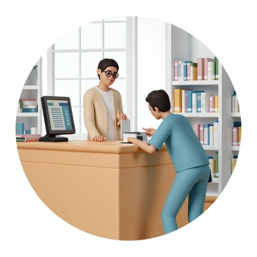 A librarian, wearing round glasses and a beige cardigan, is standing behind a wooden checkout desk. The desk is filled with colorful library cards and a scanner. A patron, dressed in a blue t-shirt and jeans, is leaning slightly forward, engaging with the librarian. The librarian is pointing at a computer screen displaying a list of books, while the patron looks interested. There are bookshelves in the background filled with various books, and a large window letting in natural light, creating a welcoming atmosphere.