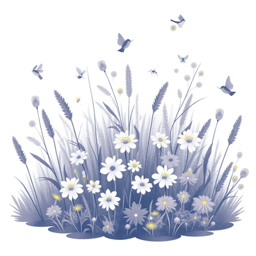 A wild garden filled with a variety of blooming flowers, displaying an abundance of petals and intricate shapes. The garden features tall grasses swaying gently in the breeze, creating a dynamic natural setting. Bees are seen buzzing from flower to flower, while colorful butterflies gracefully flutter above the blossoms. In the background, small songbirds can be observed perched on branches, adding life to the vibrant scene. The overall composition captures a rich diversity of plant life and the bustling activity of the insects and birds.