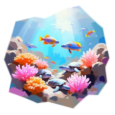A vibrant underwater coral reef filled with a variety of colorful corals in shades of pink, orange, and purple. The reef is bustling with diverse marine life, including schools of small fish in bright colors swimming between the corals. A larger, majestic fish with a striking pattern glides gracefully through the scene. Various sea turtles can be seen resting on the coral or swimming past, while sea anemones sway gently in the water. Sunlight filters down from the surface, creating a shimmering effect throughout the underwater landscape.