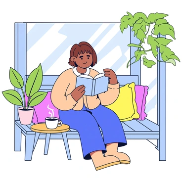 A person sitting on a wooden porch, reading a book with a light blue cover. The individual has short brown hair and wears a cozy beige sweater. Next to them is a white ceramic cup filled with steaming tea, resting on a small round wooden table. Sunlight filters through green leaves of nearby plants, casting gentle shadows on the floorboards of the porch. A few colorful cushions are scattered around, adding a touch of comfort to the scene.