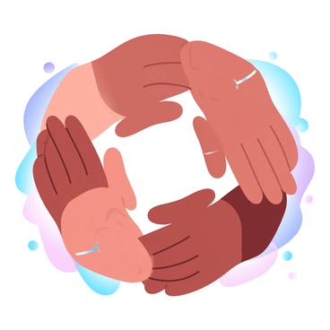 A vibrant circle formed by hands of various skin tones, all reaching towards the center. Each hand is distinct, showcasing a variety of textures and details in the skin, with some adorned by rings or bracelets. The hands are positioned closely together, creating a seamless bond. In the background, a soft gradient of pastel colors transitions smoothly, enhancing the theme of unity and freedom. The overall composition emphasizes harmony and togetherness.