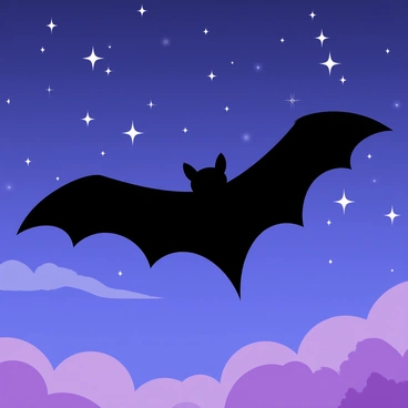 A bat with dark wings is soaring gracefully across a sky filled with twinkling stars. The background features a gradient of deep blue fading into soft purple hues, representing dusk. A few wispy clouds are scattered, catching the last hints of daylight. The bat is depicted in mid-flight, its wings spread wide as it navigates through the sparkling celestial scene.