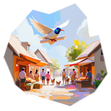 A messenger bird with vibrant plumage, possibly in shades of blue and green, is soaring through the sky. It is clutching a rolled-up scroll with its talons. Below the bird, a bustling village scene unfolds, filled with thatched-roof cottages and cobblestone streets. Villagers of various ages and attire are engaged in daily activities, such as chatting, selling goods at a market stall, and tending to gardens. The atmosphere is lively, with children playing and a few animals roaming among the villagers. The warm sunlight casts gentle shadows, enhancing the sense of movement and community in the scene.