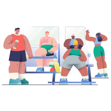 A group of five athletes is gathered in a gym, preparing for a weightlifting event. Two athletes, a man with short brown hair and a woman with curly black hair, are warming up with light dumbbells in their hands. The man is wearing a red tank top and black shorts, while the woman is dressed in a blue sports bra and gray leggings. In the background, another athlete, a man with a shaved head, is setting up a barbell on a weightlifting bench, his focus visible on his face. A woman in a green sports outfit is stretching nearby, her long hair tied back in a ponytail. The atmosphere is filled with energy and determination as they gear up for the competition.