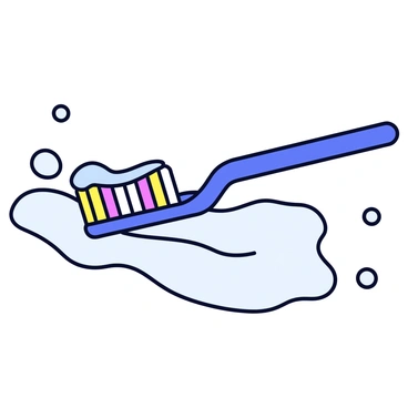 A toothbrush with a bright blue handle is gliding across a smooth surface of white toothpaste. The toothpaste is shaped like gentle waves, creating a dynamic sea effect. The bristles of the toothbrush are vibrant and colorful, standing out against the pale background. Small bubbles are scattered around, adding to the playful atmosphere of the scene.