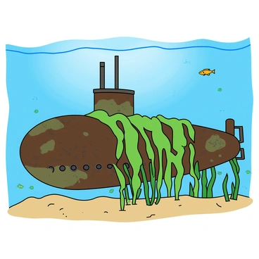 An old submarine with a rusty, weathered surface lies on the ocean floor. Its hull is a mix of dark brown and green shades, showing signs of age with patches of corrosion. The submarine is partially covered in vibrant green seaweed that sways gently in the water current. Small fish swim around the submarine, their colors contrasting with the dullness of the rust. Sunlight filters down from above, creating a soft glow that highlights the intricate details of the submarine and the surrounding marine life. Sand is slightly disturbed around the base of the submarine, indicating its long-standing position in this underwater environment.
