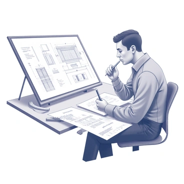 An architect is seated at a drafting table, focused on creating a blueprint. The table is covered with large sheets of paper, displaying intricate architectural designs along with various architectural formulas and calculations written in clear handwriting. Tools such as a scale ruler, compass, and mechanical pencil are scattered across the table. The architect, dressed in professional attire, is actively sketching, with a thoughtful expression on their face as they analyze the plans.