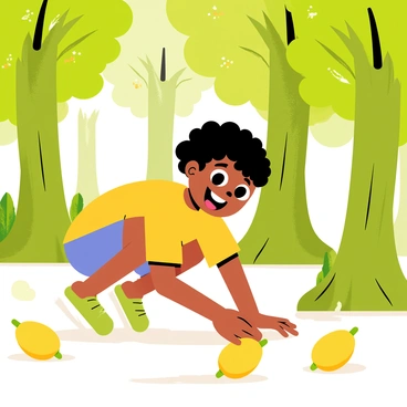 A child with curly black hair wearing a bright yellow t-shirt is exploring a tamarind grove. The child has wide eyes and a big smile, expressing excitement and curiosity. Green tamarind trees with thick trunks and lush foliage surround the child. The ground is covered in fallen tamarind pods, and the child is crouching down, reaching out to touch one of the pods. Sunlight filters through the leaves, casting playful shadows on the ground. The overall atmosphere conveys a sense of adventure and wonder.