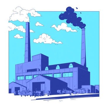 A large industrial factory with several tall smokestacks rising prominently against the backdrop of a clear blue sky. The smokestacks are emitting dark plumes of smoke that contrast sharply with the vibrant blue above. The factory's exterior is comprised of rugged metal and concrete, with large windows reflecting the sunlight. Below, there are scattered mechanical structures and equipment around the base of the factory, hinting at bustling activity. The scene is vibrant, capturing the contrast between industrial operation and the expansive sky.