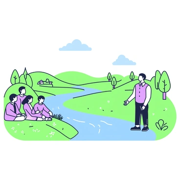 A gentle river is flowing through a countryside landscape. The riverbanks are lush with green grass and scattered wildflowers. Beside the river, a preacher is standing on a small elevation, dressed in formal attire, speaking to a group of people gathered attentively around him. The group consists of men and women of various ages, some sitting on the grass while others are standing. In the background, rolling hills stretch into the distance, dotted with trees and farms. The sky above is clear, with a few fluffy clouds drifting by.