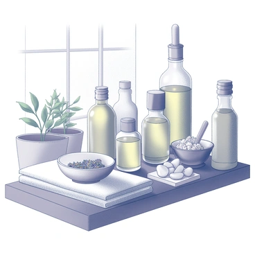 A collection of glass bottles filled with essential oils arranged on a wooden shelf. Each bottle is uniquely shaped, with varying sizes and designs. Nearby, there are small bowls filled with natural herbs and dried flowers. Soft towels are neatly folded beside the shelf, and a small wooden tray holds a few decorative stones. In the background, there is a hint of green plants in pots, adding to the calming ambiance of the spa environment. Light filters softly through a nearby window, creating gentle shadows on the display.